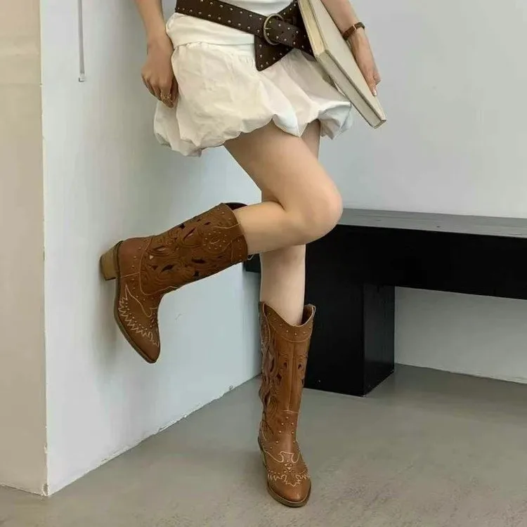 Retro Brown Hollow Knee High Mid Heel Cowboy Boots Split Cow Leather Slip On Chunky Heel Casual Boots Round Toe Platform Boots