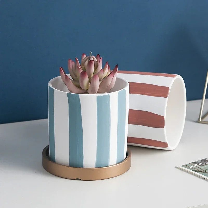 1pc New Ceramic Hand-painted Flower Pot with Gold Tray Succulent Pot Plant Indoor Flower with Hole in the Bottom
