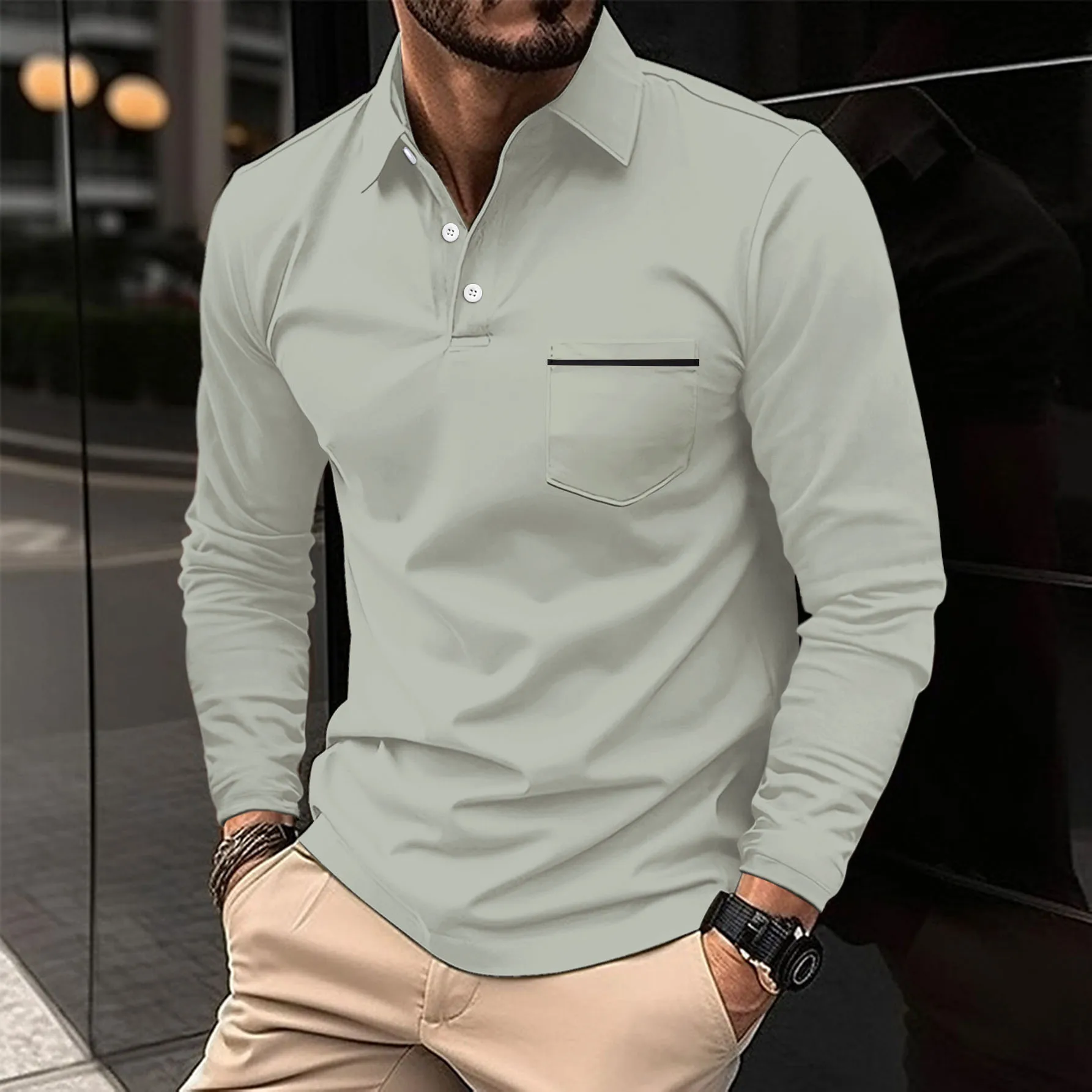 2024 men\'s spring long sleeve pocket T-shirt Casual business buckle T-shirt Fashion polo shirt