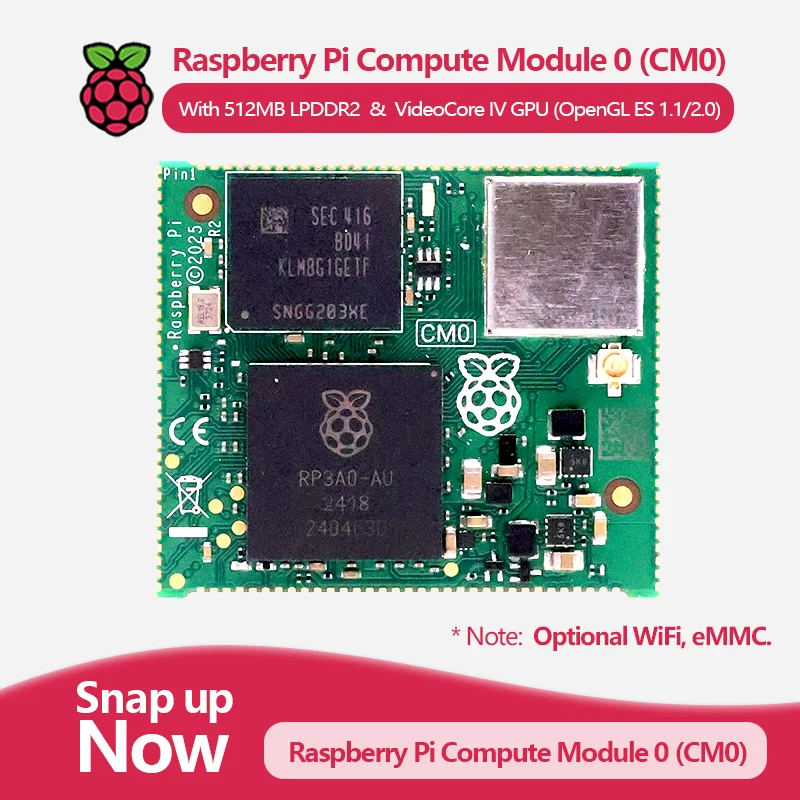 

A compact industrial SoM, RPI Compute Module 0 (CM0), RP3A0 SiP, 1GHz quad-core 64-bit Arm Cortex-A53