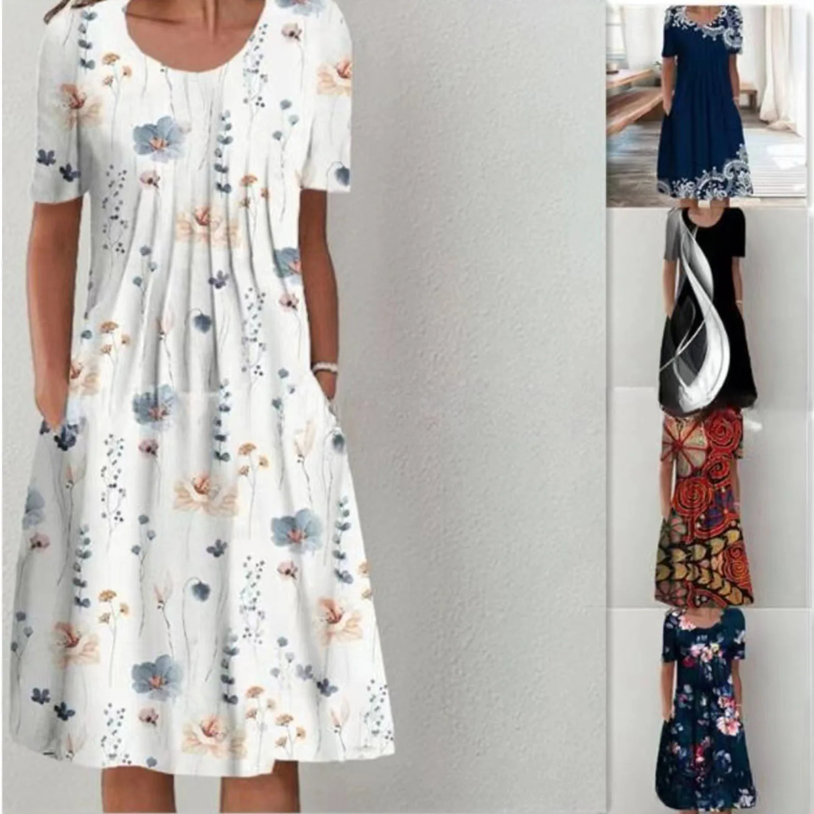 Elegant Women\'s Dresses Flower Fashion Print Crew Neck Short Sleeve Midi Dress Vestido Feminino  Dress Summer 롱원피스 Платья Летние