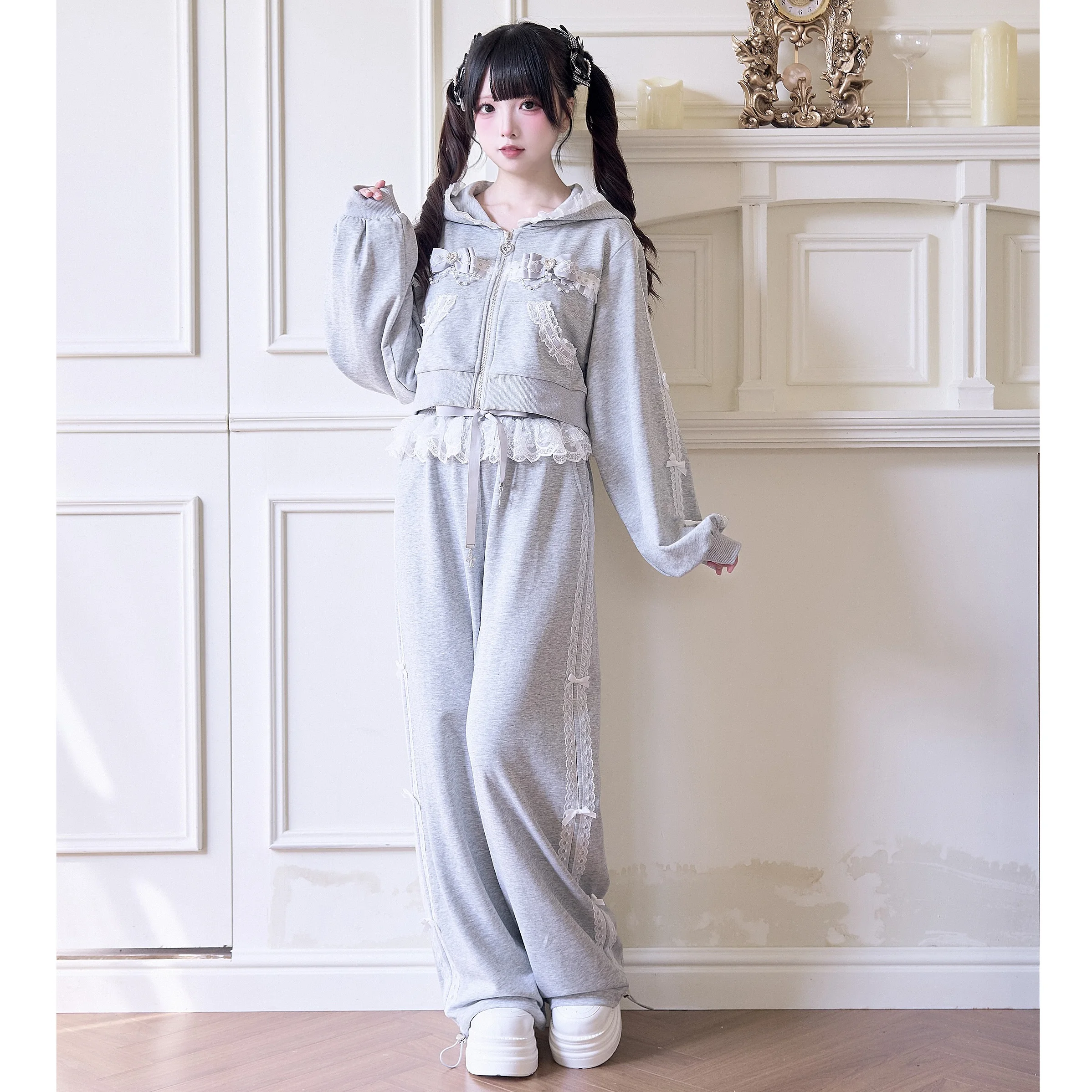 Traje deportivo estilo japonés Lolita, cárdigans cortos con capucha y lazo de diamantes, abrigo, minifalda de encaje, pantalones rectos subcultura, conjunto para mujer