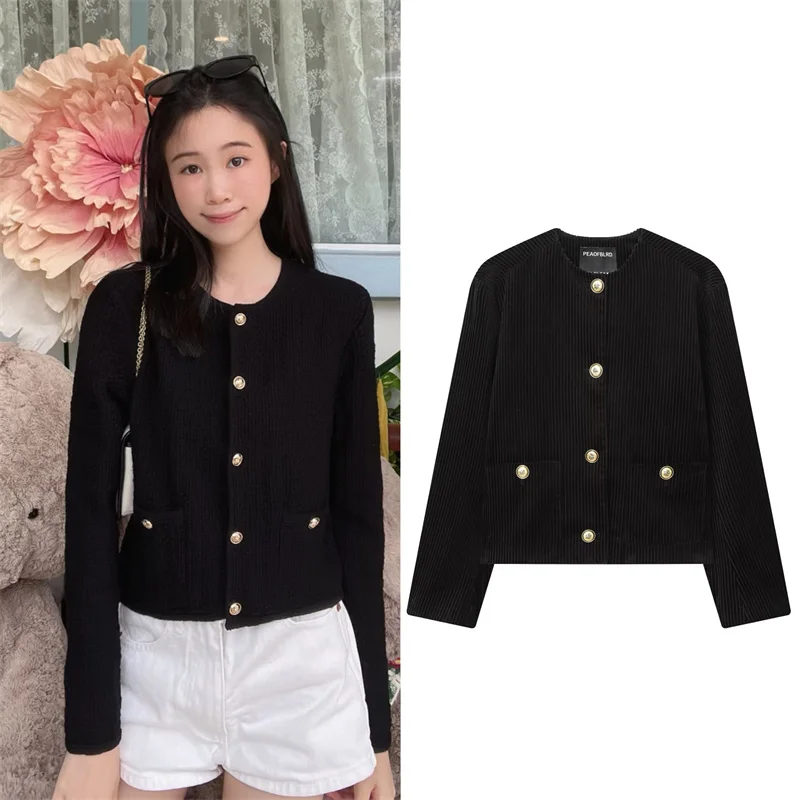

2025 Women's Coat Autumn New Arrival Black Long Sleeve Button-Decorated Simple Style Coat Elegant Fashionable