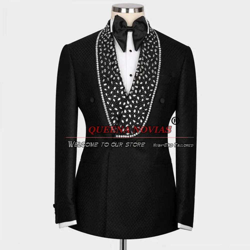 White Groom Wedding Tuxedo Pro Exclusive Embellished Jewelries Men's Suits Luxury Black Peaked Lapel Jacket Pants 2 Pieces Dress