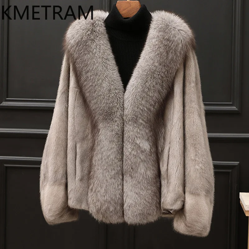 100% Mink Fur Jacketผู้หญิงหรูหราแขนค้างคาวสีเทาขนสัตว์จริงฤดูหนาวเสื้อผ้าFurryแจ็คเก็ต 2025 ฟ็อกซ์ขนสัตว์ба