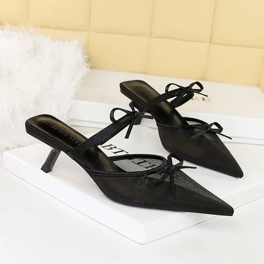 

BIGTREE сетчатые туфли на высоком каблуке с вырезом и бантом, вечерние модные женские сандалии Muller на шпильке 5 см, розовые, черные
