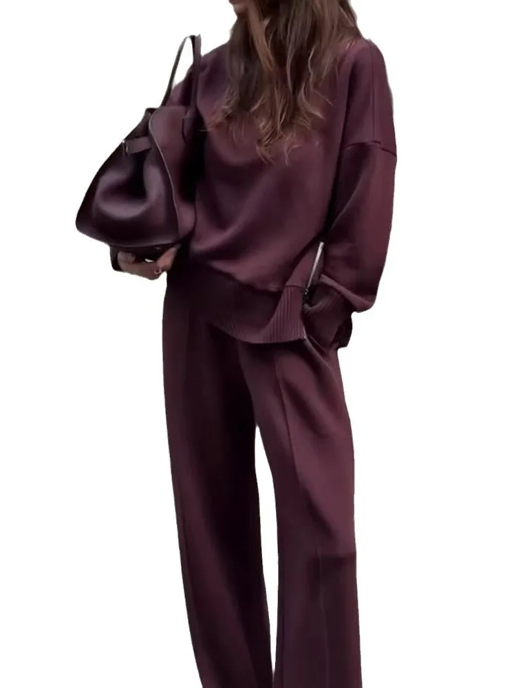 New Autumn Winter Sweatshirt Two Piece Sets Women Casual Simple Solid Long Sleeve Turtleneck Zipper Pullover Wide Legs Pants Set