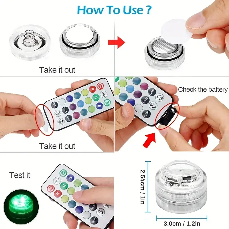 أضواء غاطسة صغيرة، جهاز تحكم عن بعد 3LED أضواء الشاي تعمل بالبطارية مقاوم للماء تحت الماء زهرية بركة بركة نافورة التخييم