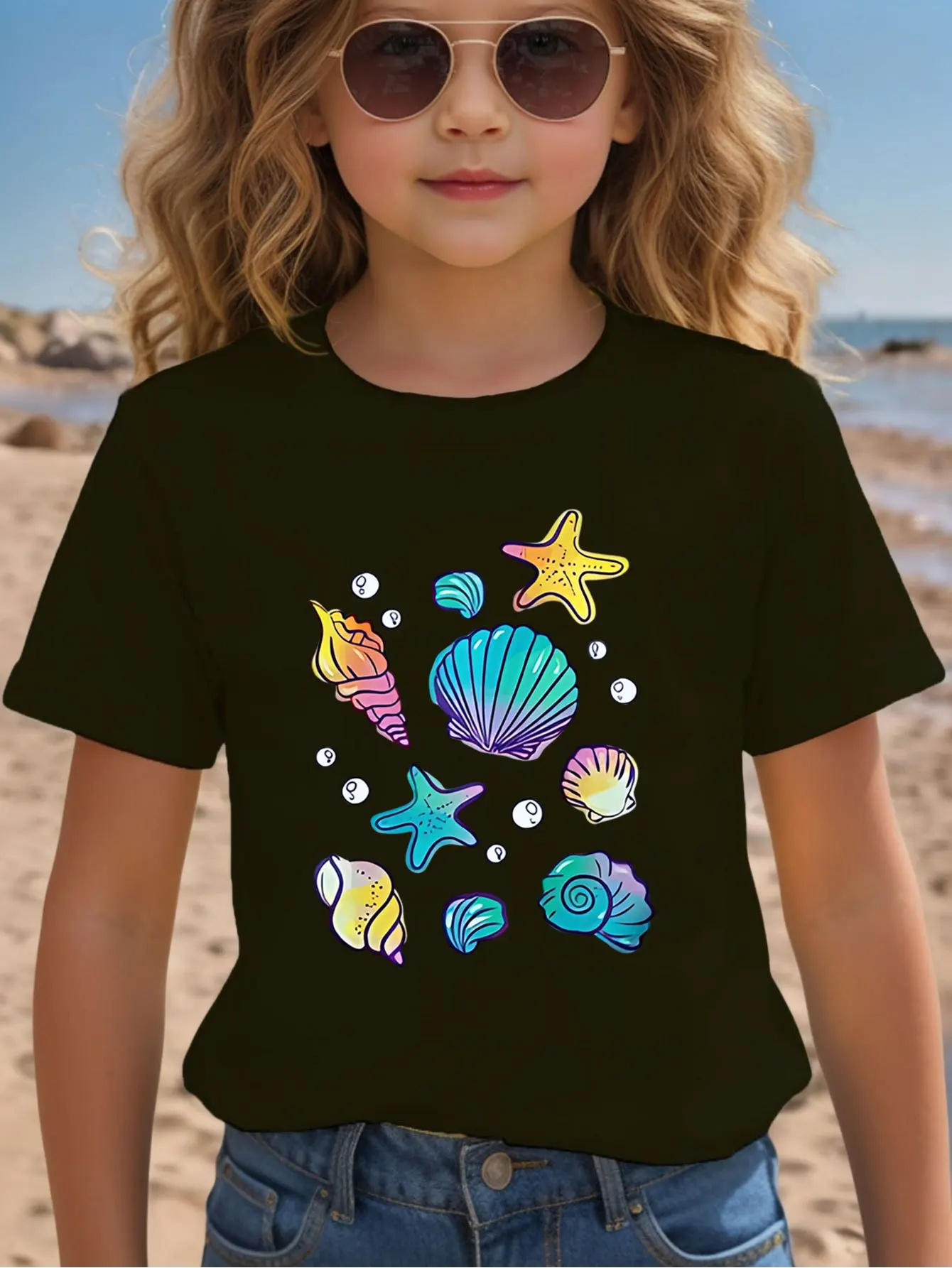 Bright Conch Shell Starfish Sea Element Print Kids T Shirt Boys Girls Family Matching Parent Child Summer Crew Neck Casual Tee