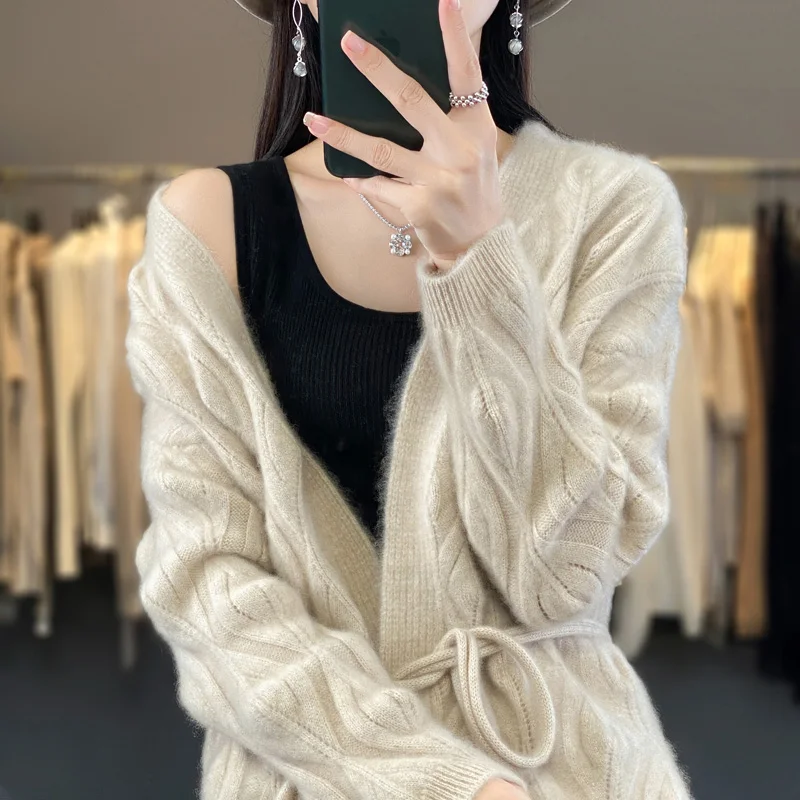 Autumn/Winter New 100% Merino Wool Clothing Women\'s V-Neck Lace Cardigan Casual Loose Knit Underspool Jacket Fashion Korean Tops