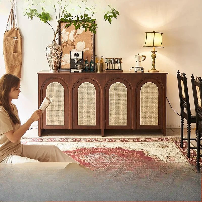 French medieval style, side cabinet, solid wood furniture rattan, household storage cabinet, arched tea cabinet against the wall