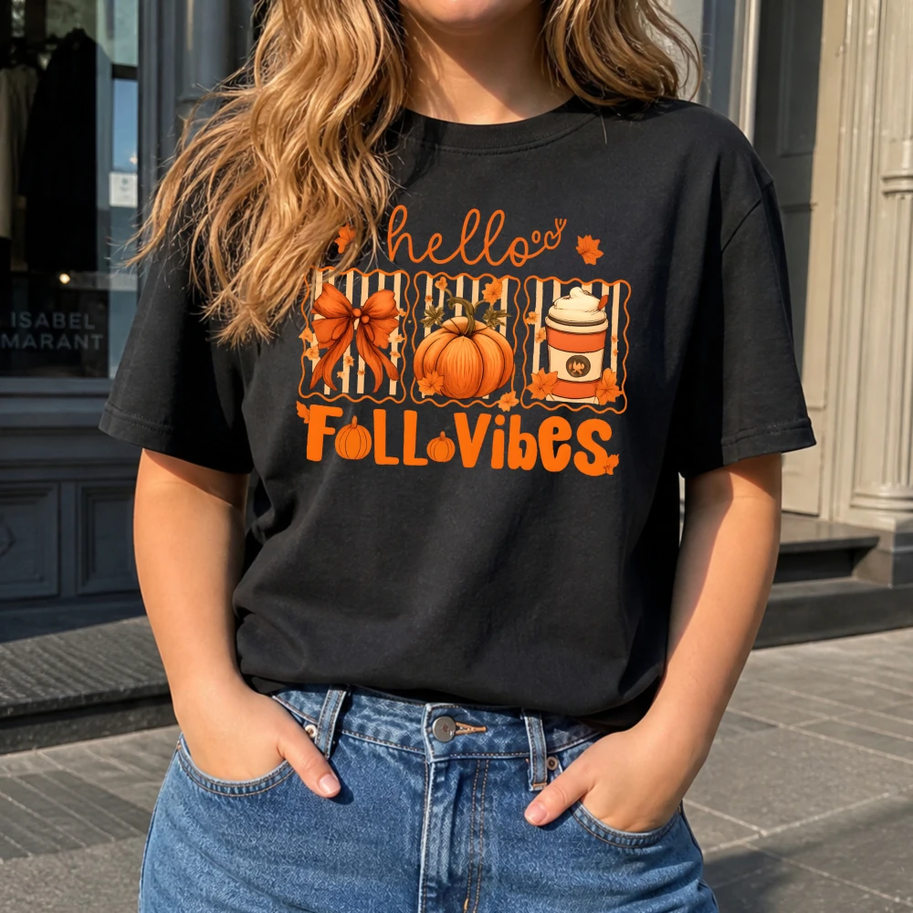 Hello Fall Vibes Women T Shirt Bow Pumpkin Coffee Cup Maple Leaf Autumn Attractive Casual Ladies Short Sleeve Tee