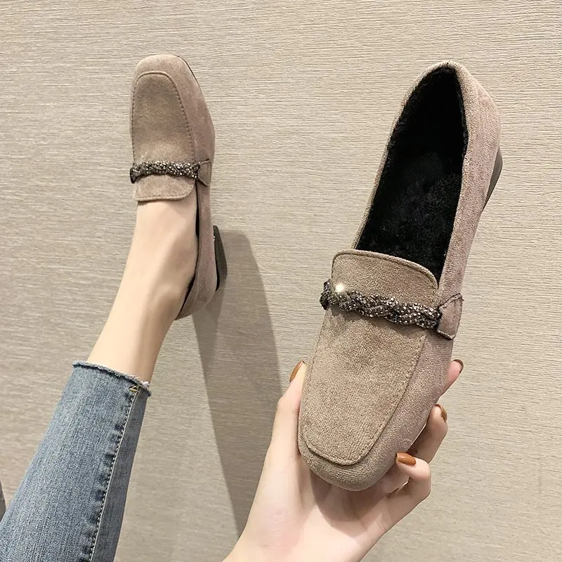 2022 Autumn Winter Women Loafers Low Heels Boat Shoes Square Toe Dress Shoes Chain Faux Suede Plush Warm Ladies Shoes Plus Size