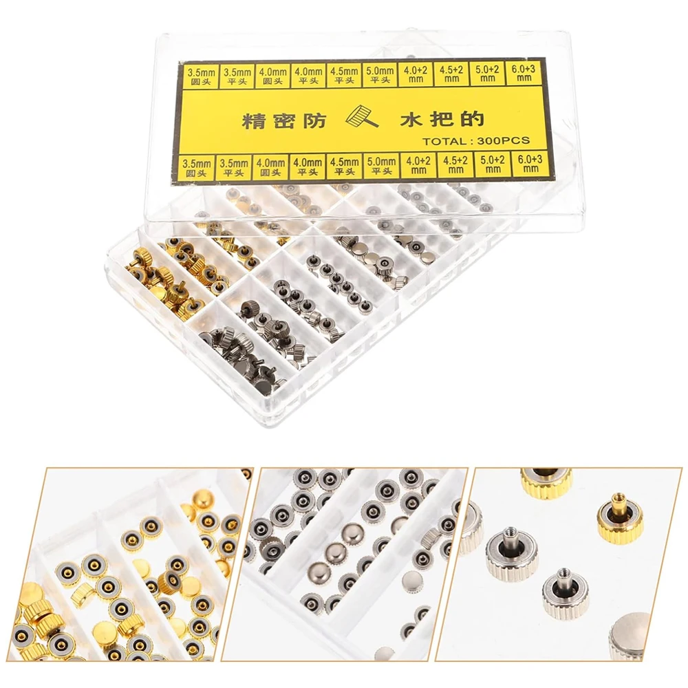 300PCS Watch Crown Set Parts Replacement Assorted Gold & Silver Dome Flat Head Watch Accessories Repair Tool Kit for Watchmaker