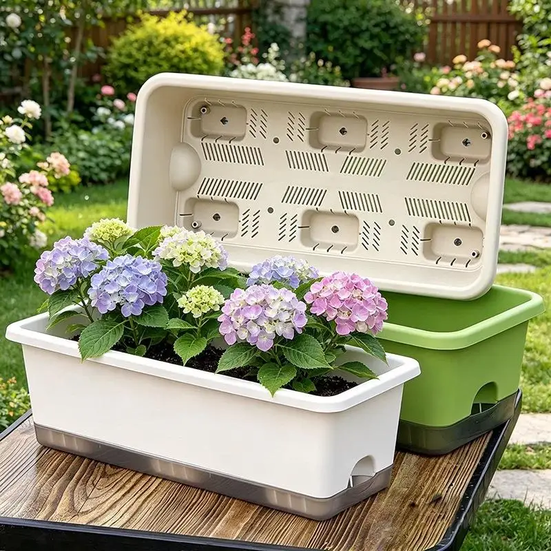 Self Watering Planter Box Rectangular Plastic Window Box with Drainage Tray Indoor Outdoor Garden Balcony Herb Flower Pot