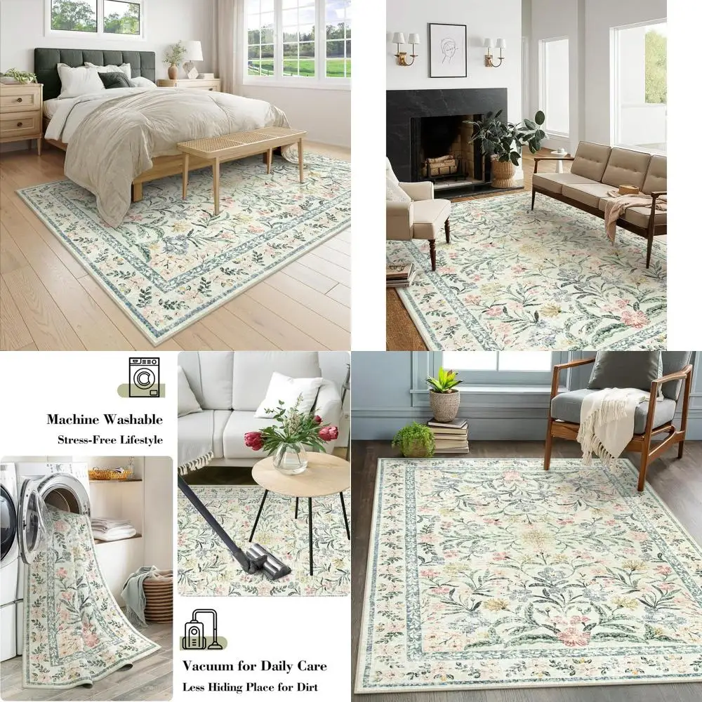 

Floral Washable 5x7 Rugs, Soft Area Rugs for Bedroom, Thin Non-Slip Beige Carpets, Flower Print Decor for Living Room, Nursery,