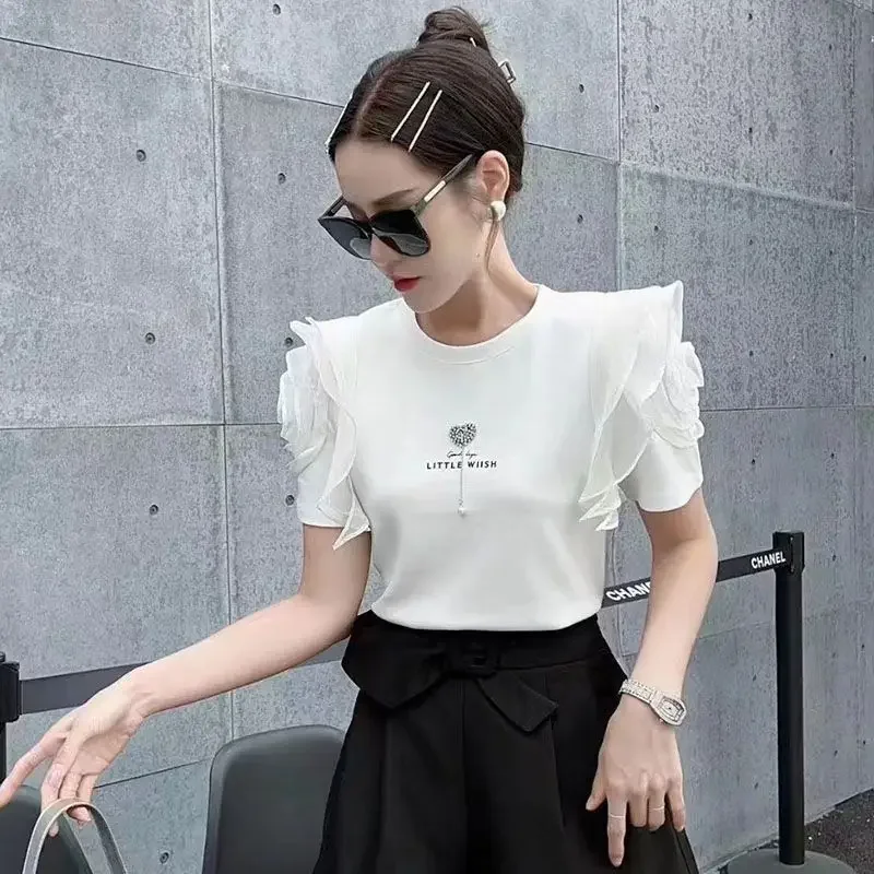 KUSAHIKI Chic 3D Flower Short Sleeve Shirts for Women Fashion O-neck 2023 Summer Camisetas New Chic Graphic T Shirts Y2k Top