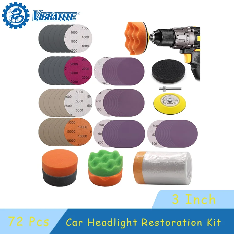 3 Inch Car Headlight Restoration Kit 72 Pcs with Backing Pad Polishing Sponge Buffing Pad Masking Film for Polishing Car