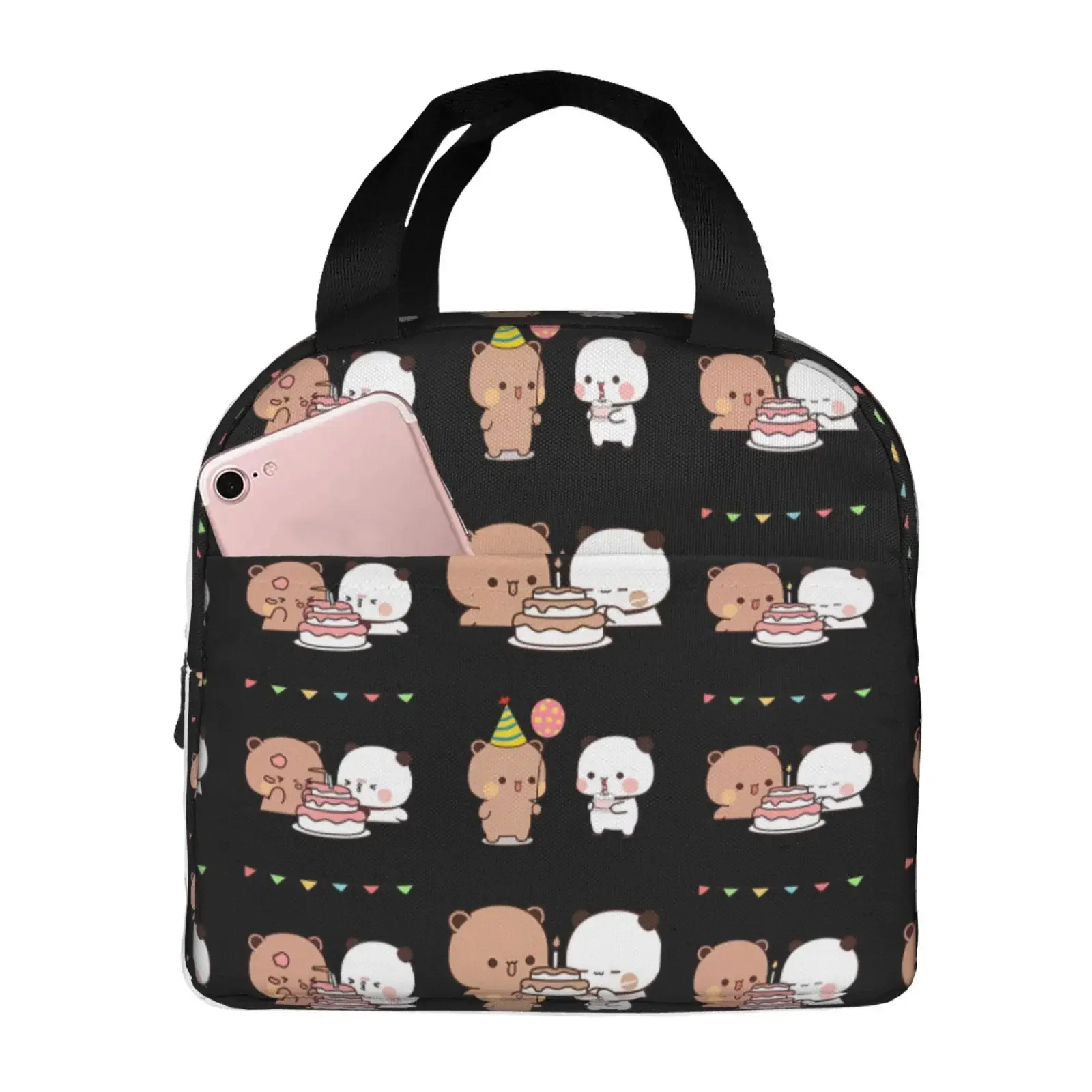 Cute Mochi Peach and Goma Cat Pattern Lunch Tote Bag Insulated Leakproof Lunch Box Container with Front Pocket for Girls Boys