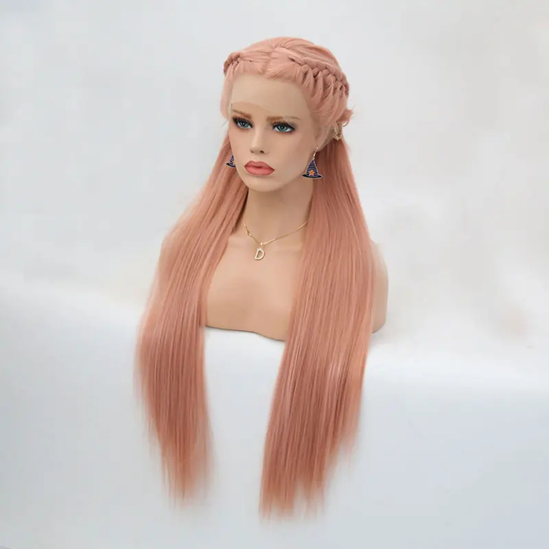 Peach Pink Straight Synthetic 13x4 Lace Front Wigs Braided High Quality Heat Resistant Fiber Hair Middle Parting For Black Women