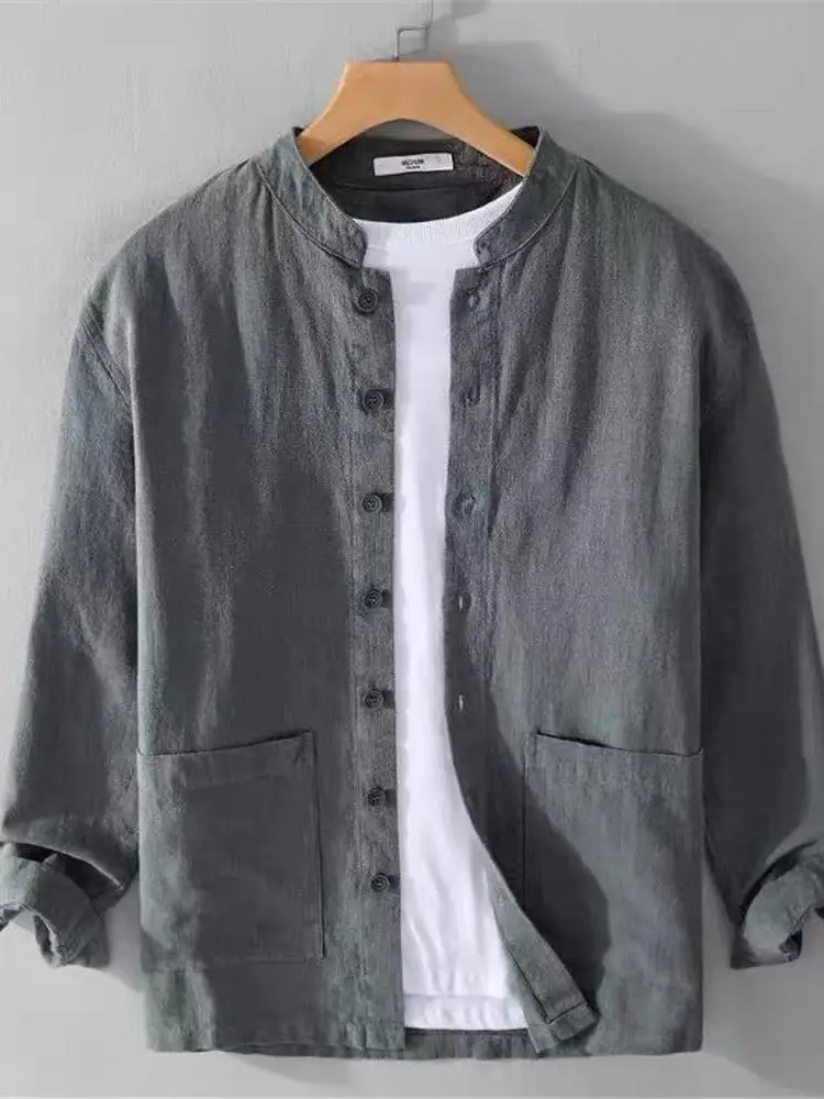 

New 2025 Chinese Style Retro Long Sleeve Men's Shirt Breathable Loose Casual Outerwear Male Stand Collar Comfortable Spring A...