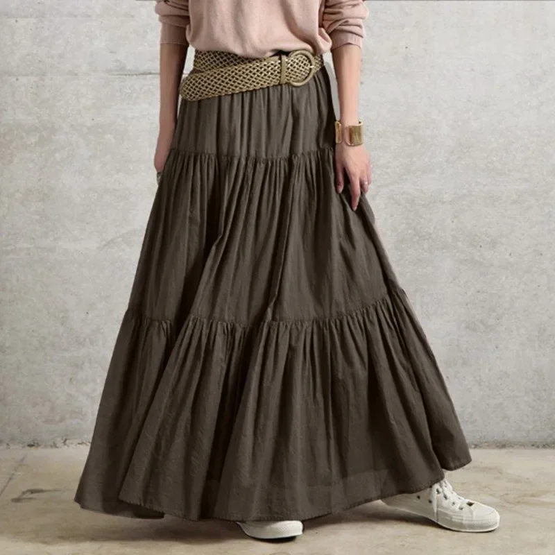 

Women's Vintage Solid Long Skirts Summer High Waist Ruffle Maxi Skirts For Women Casual Loose Office Lady Linen Skirts