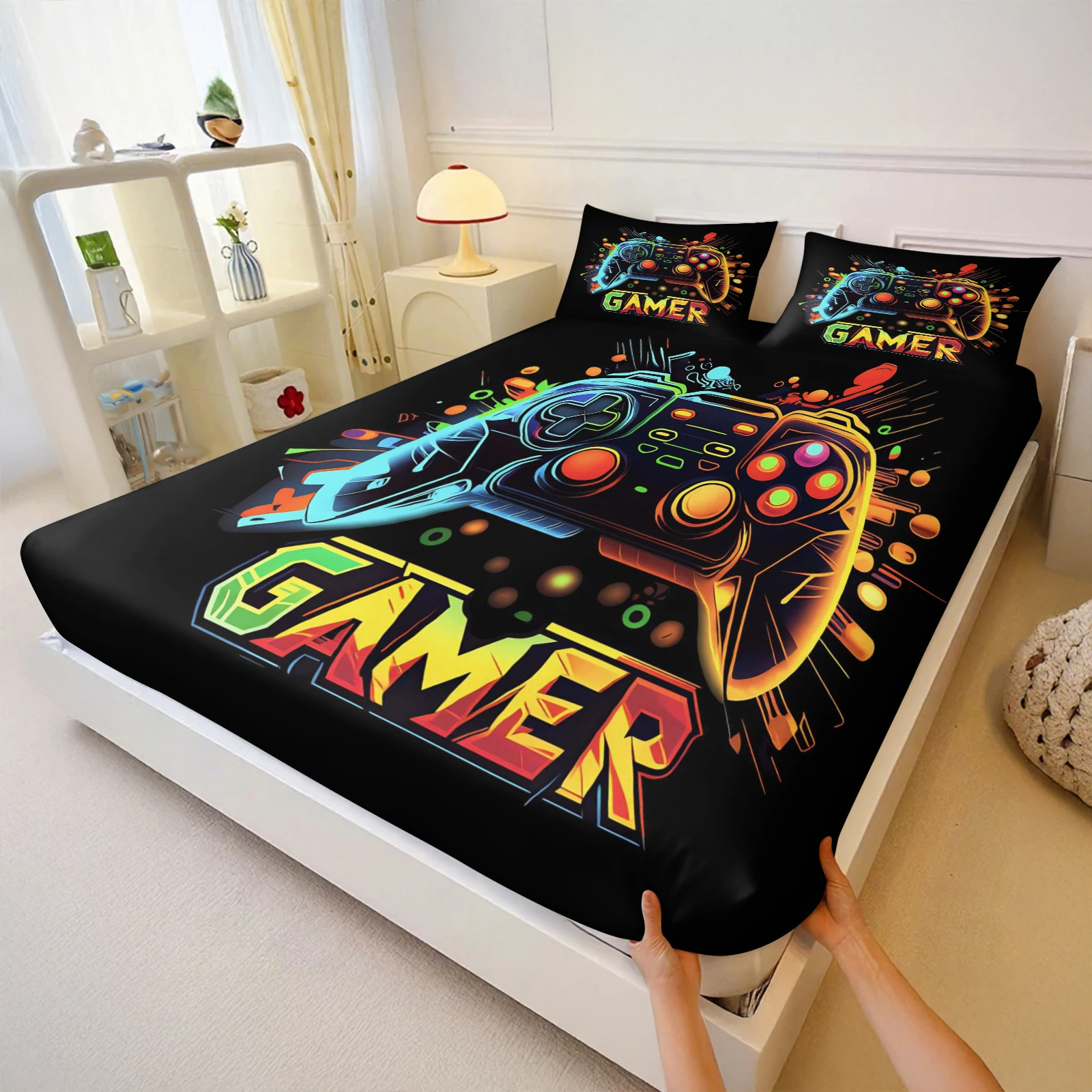 Neon Glow Gamer Fitted Sheet Set Soft Skin‑Friendly Fabric with Matching Pillowcases Eye‑Catching Gaming Bedroom Bedding Decor