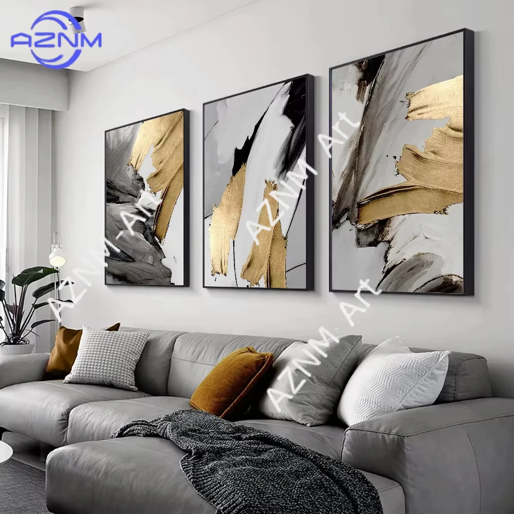 1/3pcs Luxury Abstract Grey Gold Painting Mural Canvas Prints Attic Apartment Living Room Home Office Pictures Wall Paintings