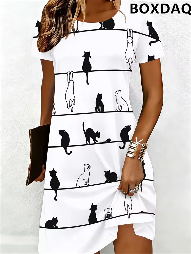 Casual Round Neck Short Sleeved Women's Dresses 2026 Fashionable Animal Cute Cat Pattern 3D Printed Loose A-Line Dress