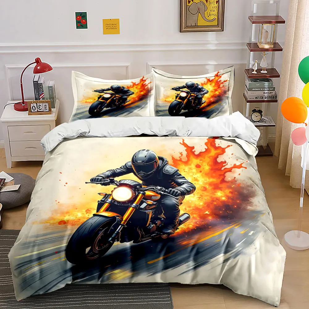 High-speed ride, blazing flames Print Bedding Set 1 Duvet Cover 2 Pillowcases for Adult and Children Luxury Gift Full Size