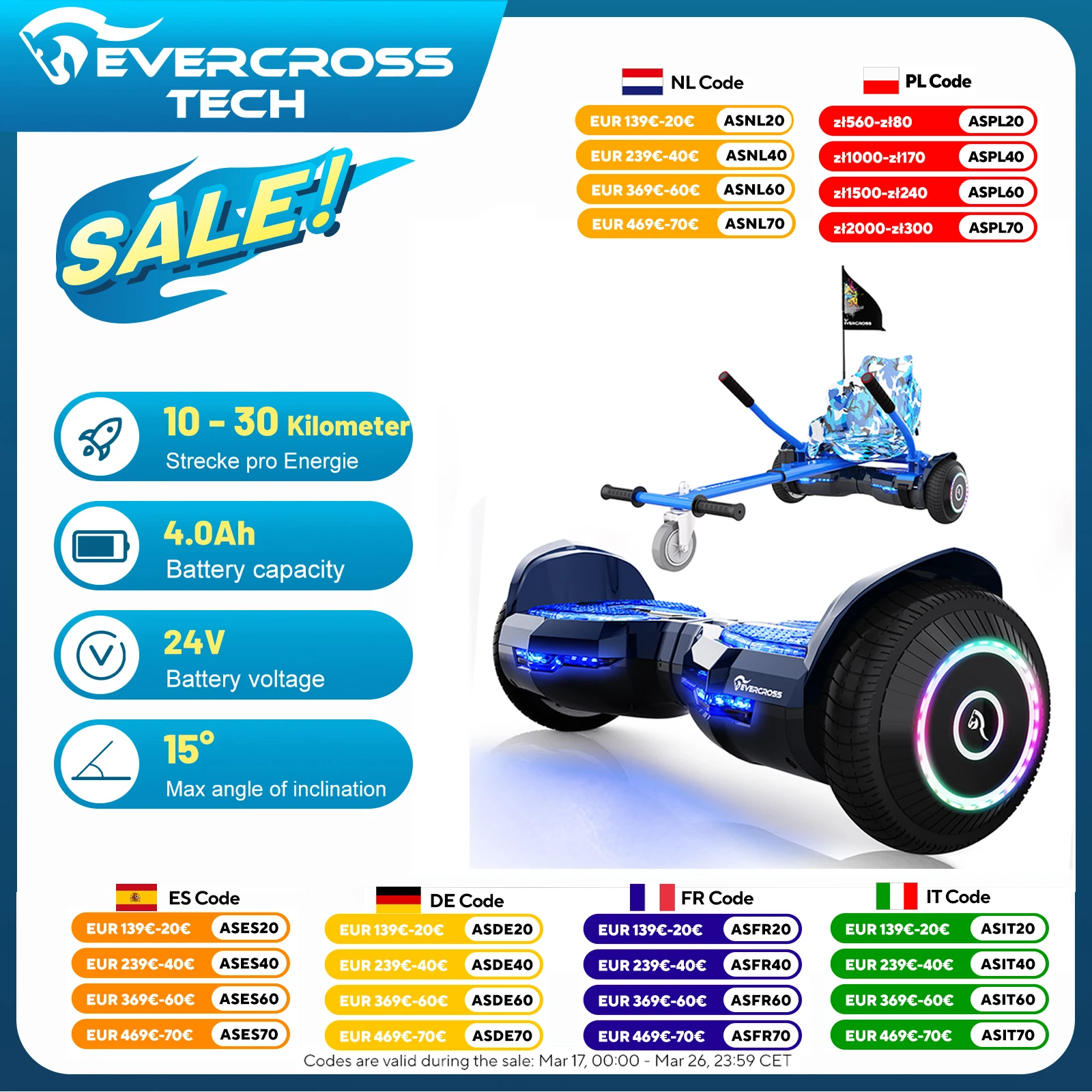 EVERCROSS TECH Hoverboard 6,5 Zoll mit Sitz, Bluetooth Hoverboard App-gesteuert, Go-Kart mit 3