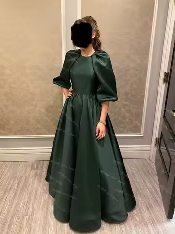 Dark Green Satin Bridesmaid Dress for Women A-line Round Neck Balloon Sleeve Prom Evening Gown Long Custom Wedding Party Dress