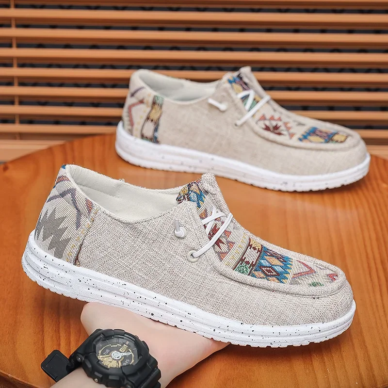 

New Ethnic Style Men's Shoes Linen Canvas Walking Trendy Shoes Casual Breathable Flat Plate Shoes