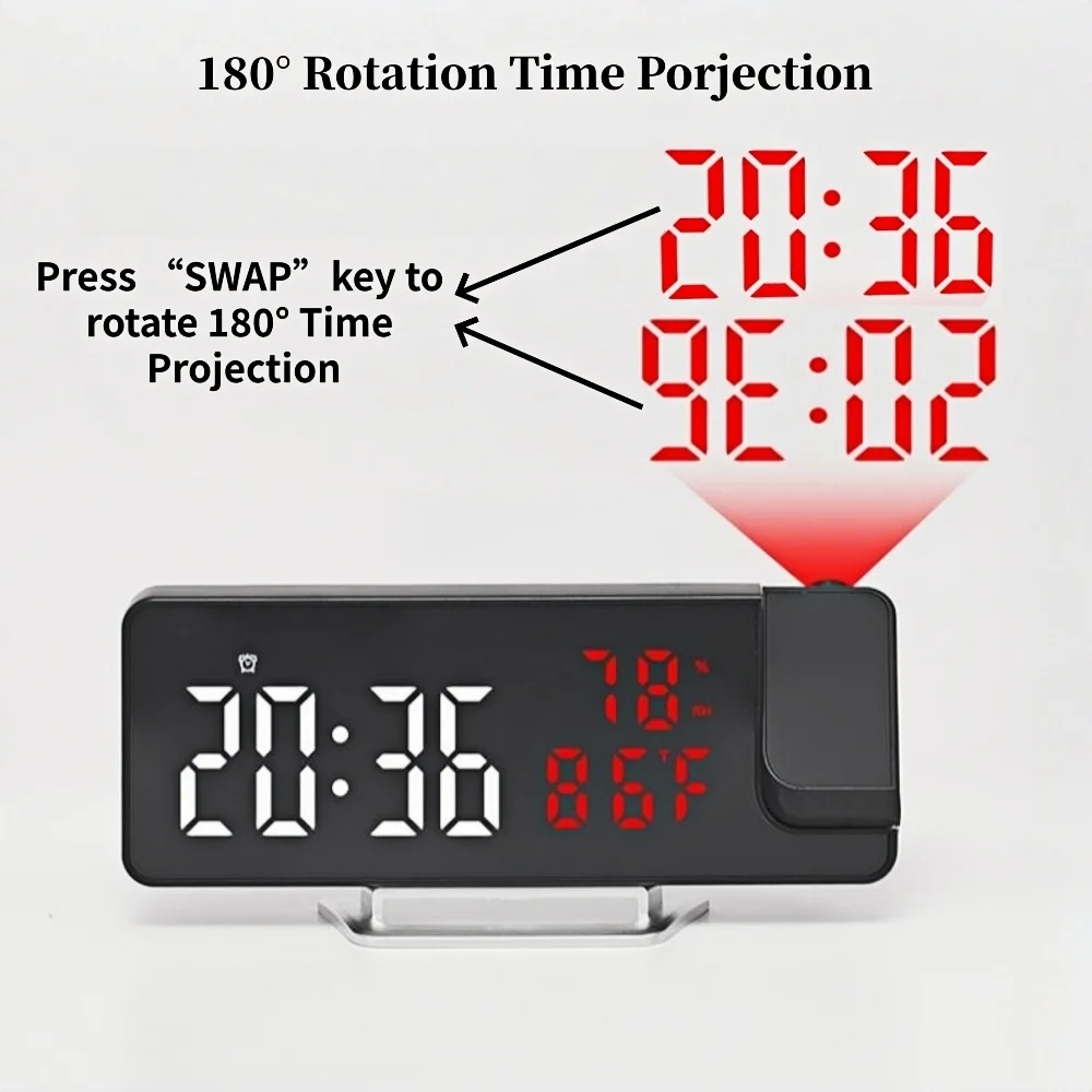 180° Rotation Digital Projection Alarm Clock TEMP Humidity Date Night Mode Snooze USB Powered Table Clock 12/24H LED Clock