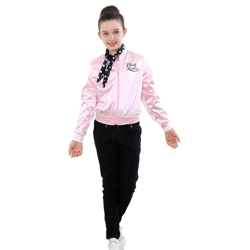 Grease Cosplay Pink Ladies Coat Glasses Scarf Earrings Costume for Kids Children Outfits Halloween Carnival Party Fantasia Suit