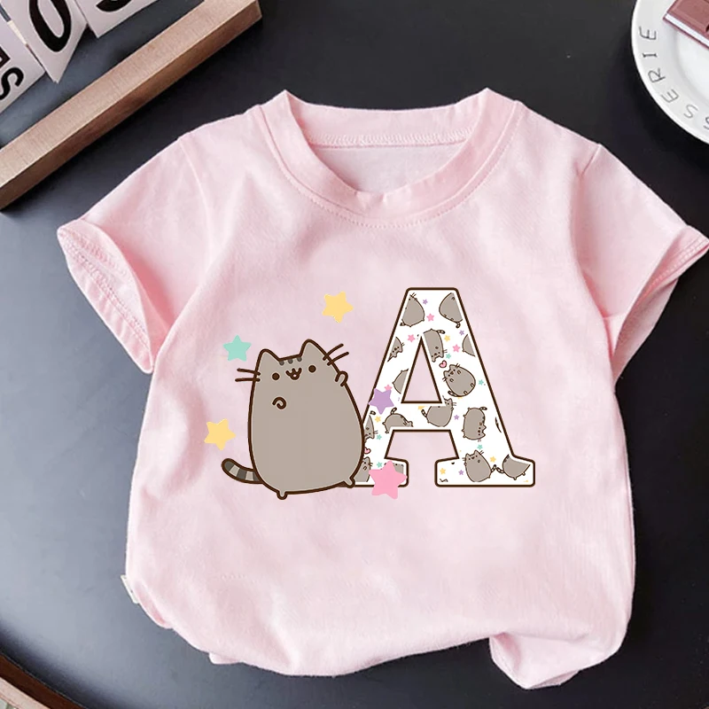 Pusheen Cat Children Girls T Shirt Clothes Pink Tops Letter A-Z Children's Clothing Short Sleeve Summer Boys Cute Birthday Gifts