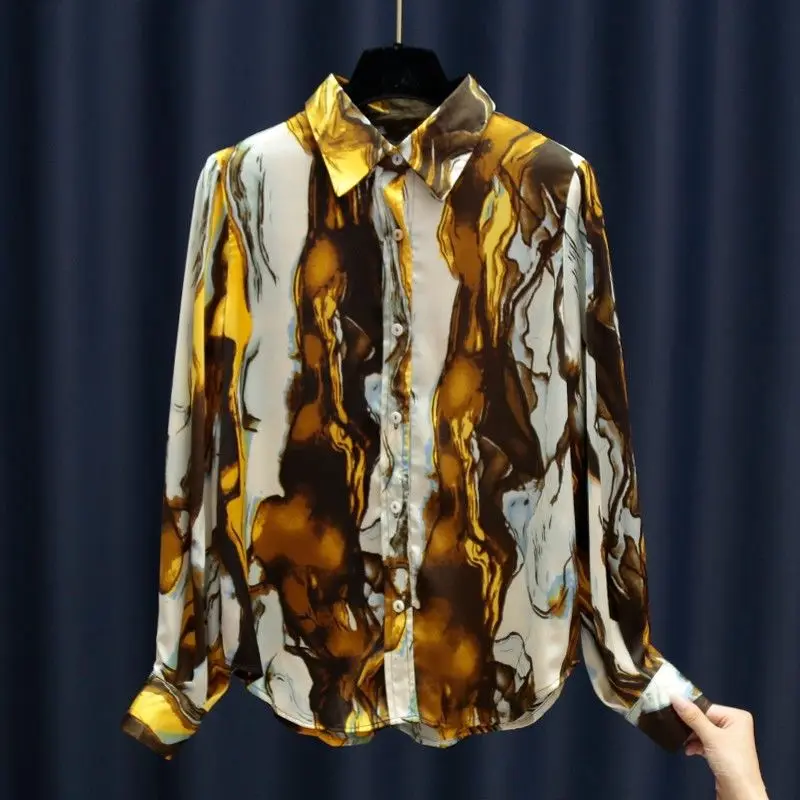 Fashion Tie Dye Printed Button Shirt Women\'s Clothing 2024 Spring New Casual Loose Oversized Lapel Long Sleeve Blouse Female