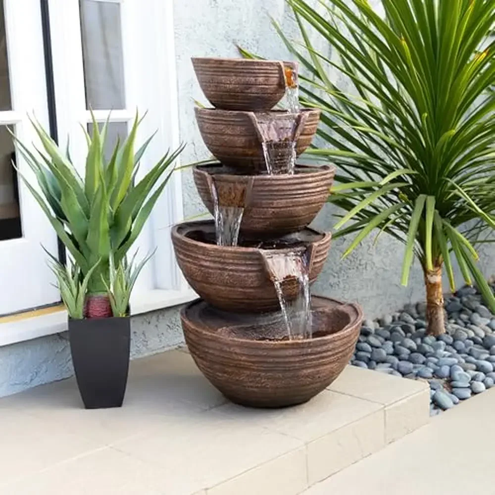 Tiered Bowls Waterfall Fountain 5 LED Lights Outdoor Garden Decor Tranquil Water Flow 34