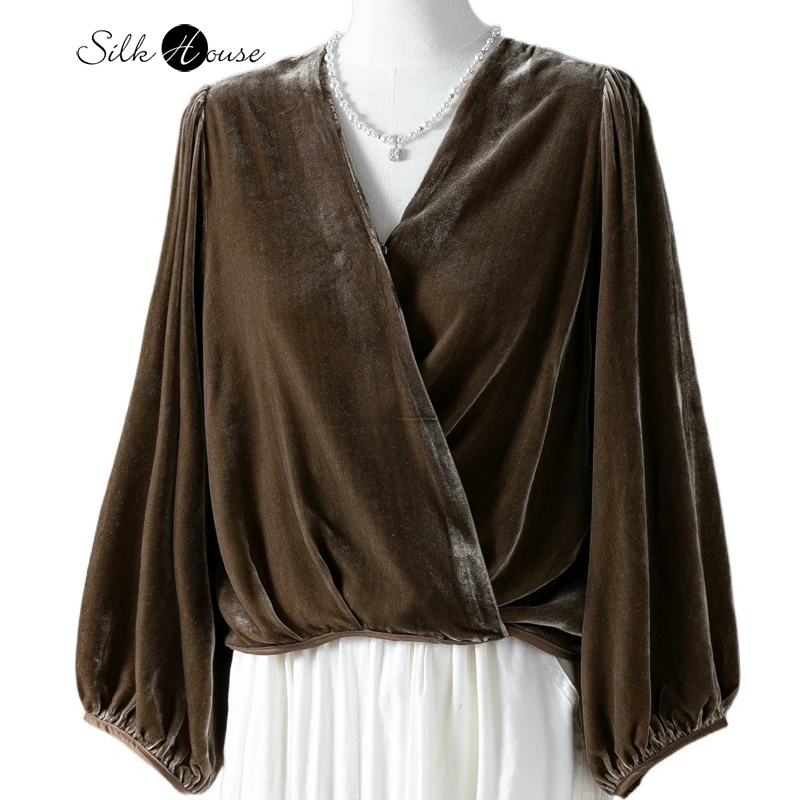 

French Style Light Luxury 30% Natural Mulberry Silk Velvet Lantern Sleeves V-neck Concealed Buckle Lace Up Camel Coffee T-Shirt