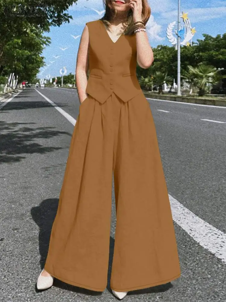 2024 ZANZEA Summer OL Work Trousers Suits Elegant Sleeveless Tops Wide Leg Pants Sets Women Casual Loose Holiday Tracksuit 2PCS