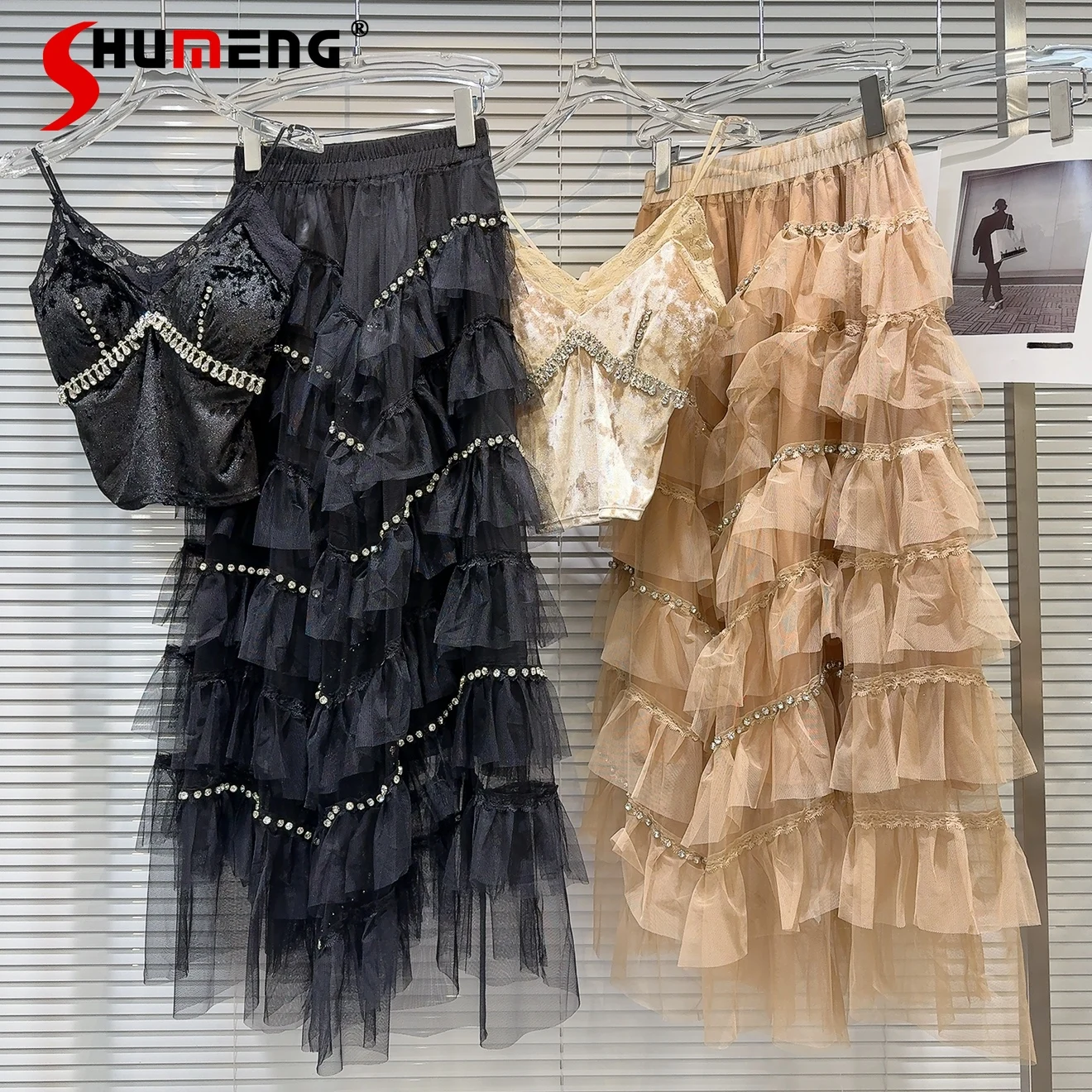 

Women's 2025 Early Spring New Temperament Socialite Rhinestone Diamond Velvet Sling Vest Mesh Gauze Solid Color Cake Skirt Sets