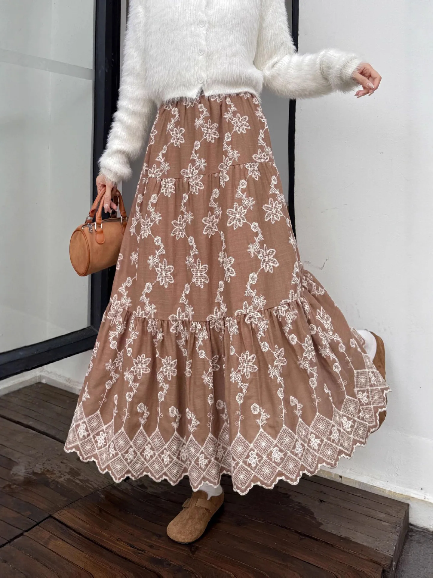 French Sweet Embroidery Pink Floral A-line Skirt Women Spring Summer High Waist Tiered Cake Skirt Comfortable Casual Midi Dress
