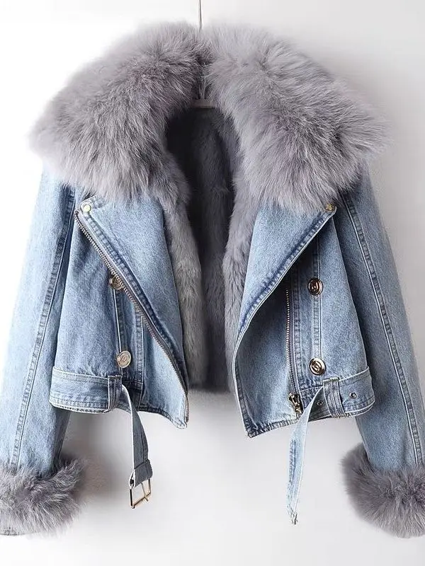 Autumn Winter Women's Short Parka Coat  Fur Rabbit Fur Lined Removable Casual High Waist Straight Cut Thickened Denim Jacket