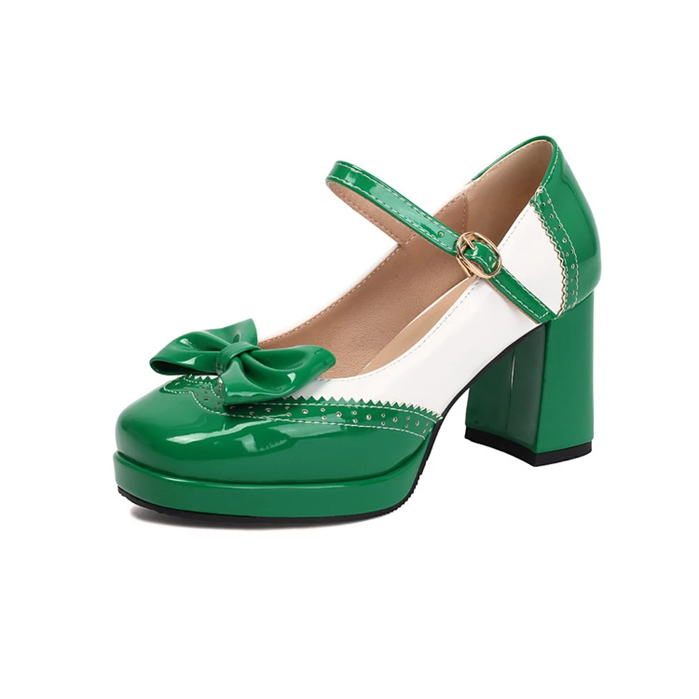 Women's Patent Leather Bow Mary Jane Pumps Block Heel Platform Ankle Strap Shoes Plus Size 32-48 7 Colors Available 79-2