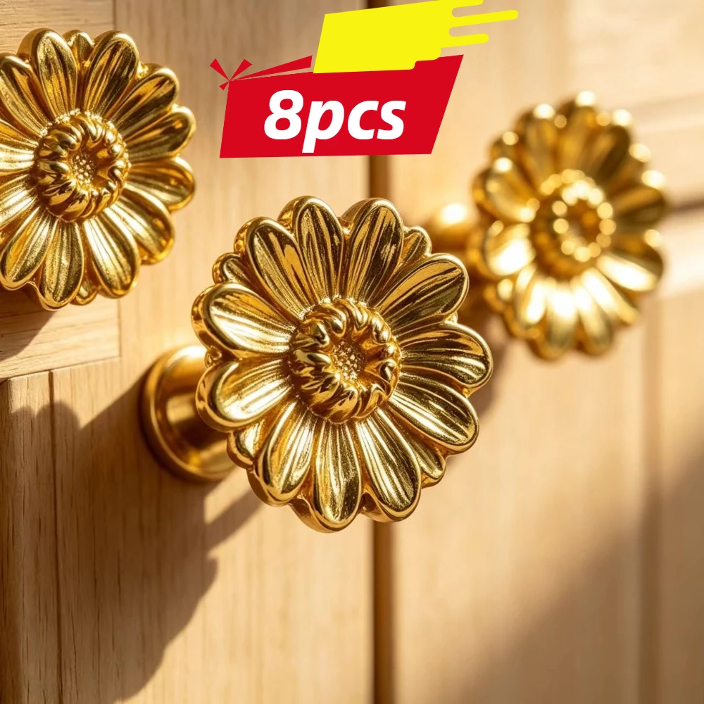 8PCS Floral-shaped drawer pull, alloy decorative kitchen cabinet drawer handle, golden flower handle