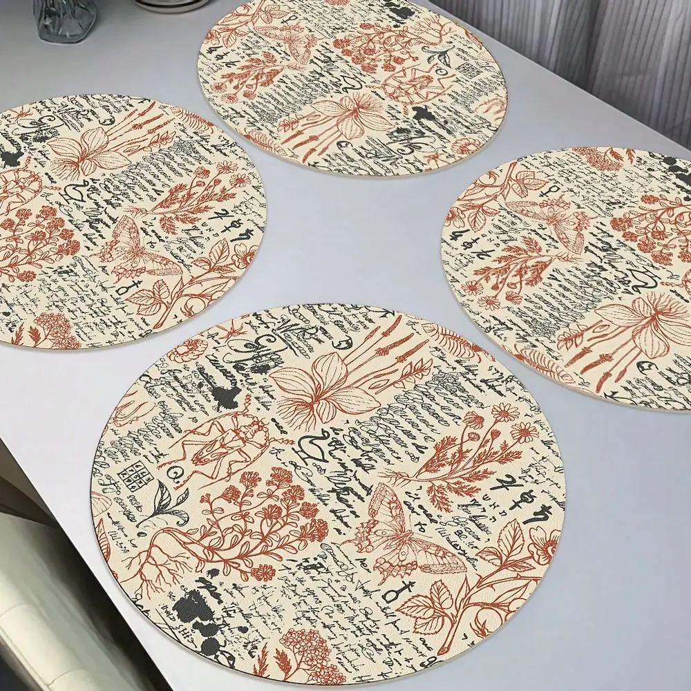 4-Piece Set Of Faux Leather Heat-Resistant Non-Slip Round Table Mats, 15inch Thick Abstract Floral Geometric Patterns In Beige/Red/Black, Durable Scratch-Resistant Kitchen Dining Mats, Suitable For Christmas Decoration, Hand Washable