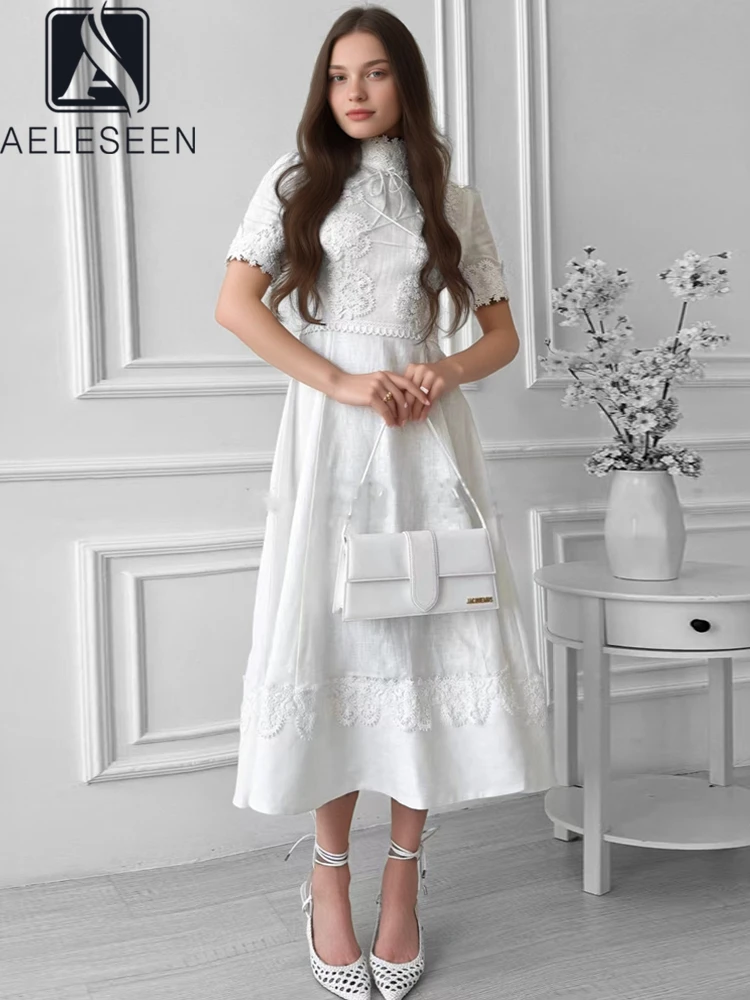 AELESEEN Designer Fashion Summer Dress Women Lace Patchwork Bandage Short Sleeve Slim Elegant Long Party Holiday Female