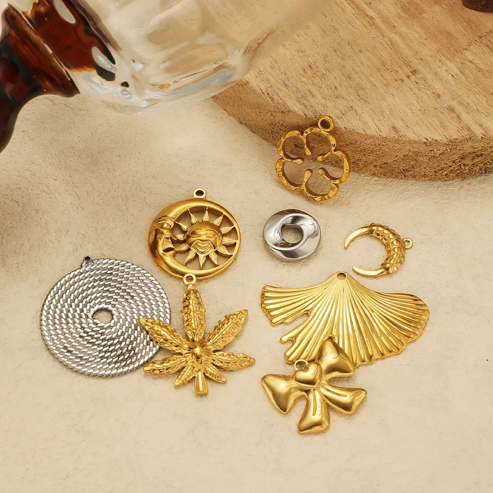 5pcs No Fade Stainless Steel Flowers Moon Charms Sweater Chain Pendants Bulk for DIY Earring Necklace Jewelry Making Supplies