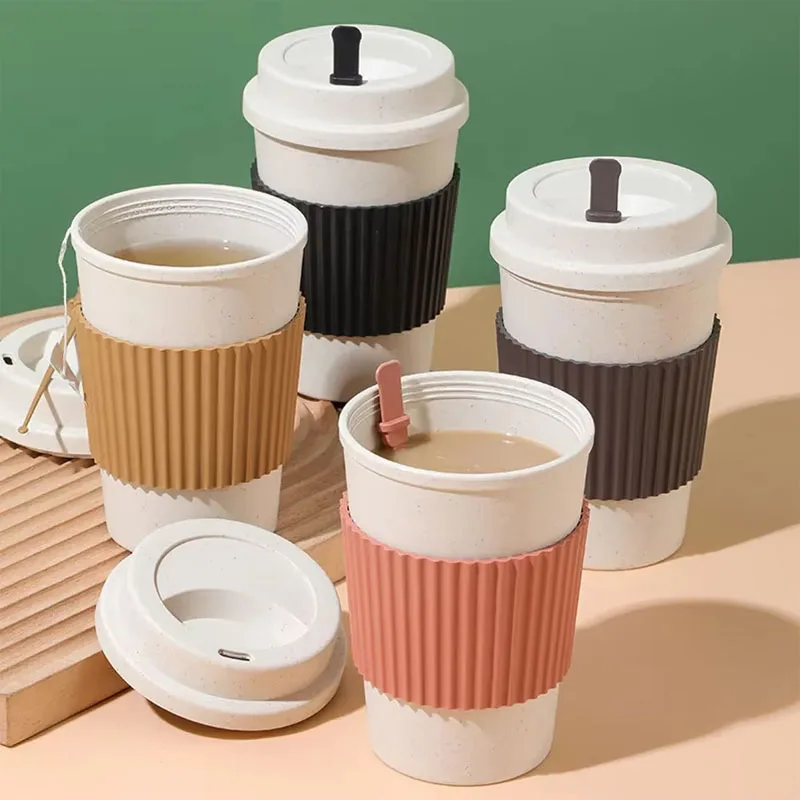 1/2/4PCS Thickened Coffee Cup with Lid Coffee Straw Cup Wheat Straw Simple Milk Cup Thickened Sailor Cup Suitable for Friends