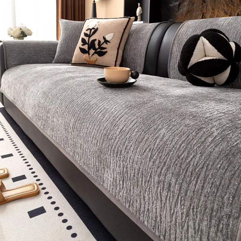 Textured Chenille Solid Color Sofa Cushion Cover Non-Slip Wear Resistant Machine Washable Couch Protector Pad